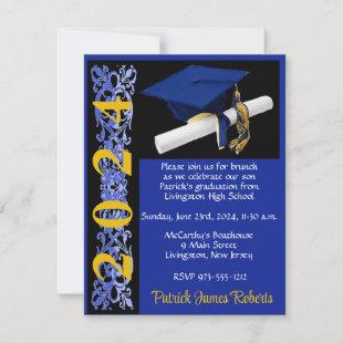 Cap & Diploma, Royal Blue/Black/Gold Graduation Invitation