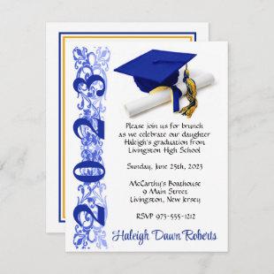 Cap & Diploma, Royal Blue & Gold Graduation Invitation