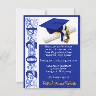Cap & Diploma, Royal Blue/Gold Graduation Invitation