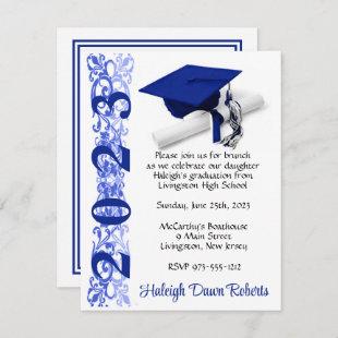 Cap & Diploma, Royal Blue & White Graduation Invitation