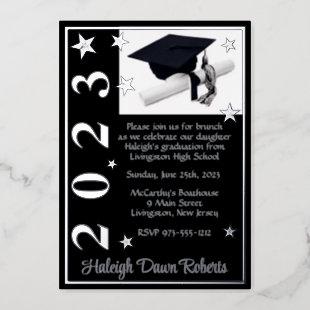 Cap, Diploma, & Stars, Black & Silver Graduation F Foil Invitation