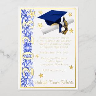 Cap, Diploma, & Stars, Blue, White, Graduation Foil Invitation