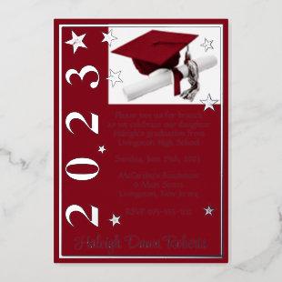 Cap, Diploma, & Stars,  Cardinal Red Graduation Fo Foil Invitation