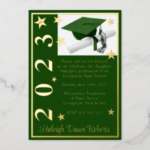 Cap, Diploma, & Stars, Green & Gold Graduation Foil Invitation
