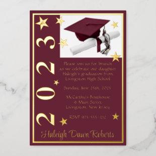 Cap, Diploma, & Stars,  Maroon & White Graduation Foil Invitation