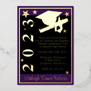 Cap, Diploma, & Stars, Purple, Black, & Gold Foil Invitation
