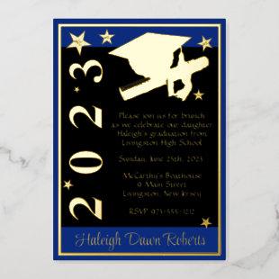 Cap, Diploma, & Stars, Royal Blue, Black, & Gold Foil Invitation