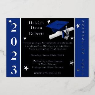 Cap, Diploma, & Stars, Royal Blue, Black, & Silver Foil Invitation