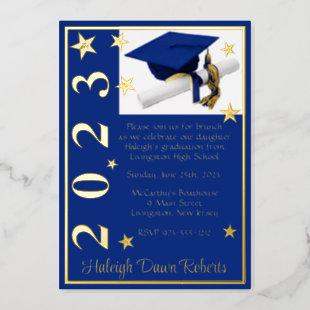 Cap, Diploma & Stars, Royal Blue & Gold Graduation Foil Invitation