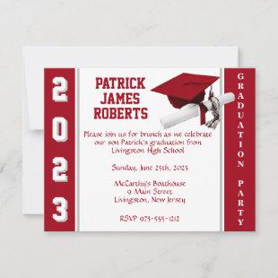 Cap & Diploma Varsity Red & Gray Graduation Invitation