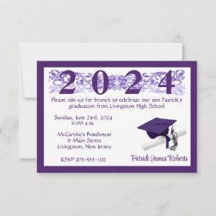Cap & Diploma, White & Purple Graduation Invitation