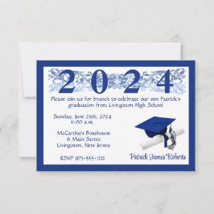 Cap & Diploma, White & Royal Blue Graduation Invitation