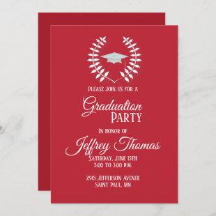 Cardinal Red Cap & Leaves Grad Invitation 5" x 7"