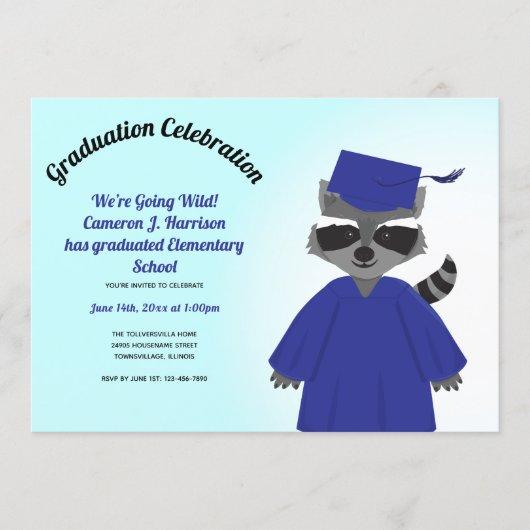 Cartoon Raccoon Blue Cap Gown Kid Graduation Invitation