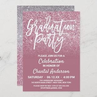 Cassis Pink Silver Faux Glitter Ombre Graduation Invitation