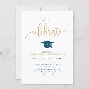 Celebrate Modern Calligraphy Graduation Blue/Gold Invitation