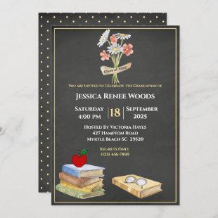 Chalkboard Books Flower Teacher Graduation Invitation