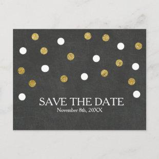 Chalkboard Gold & White Confetti Save the Date Announcement Postcard