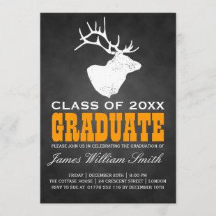 Chalkboard Graduation Party Deer Black Orange Invitation