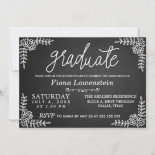 Chalkboard Script | Floral | Open House Graduation Invitation