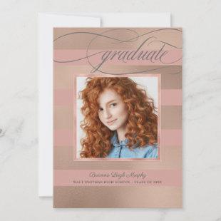 Champagne Rose Gold Stripes with Photo Graduate Announcement
