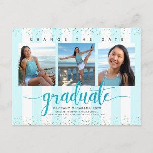 Change date graduation photo chic turquoise script invitation postcard