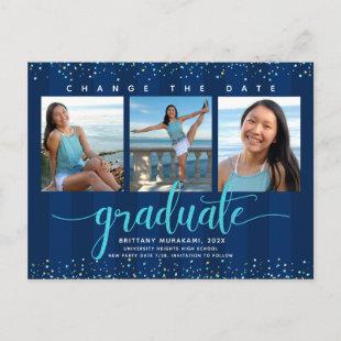 Change date graduation photo turquoise script navy invitation postcard