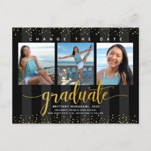 Change the date graduation photo modern black gold invitation postcard
