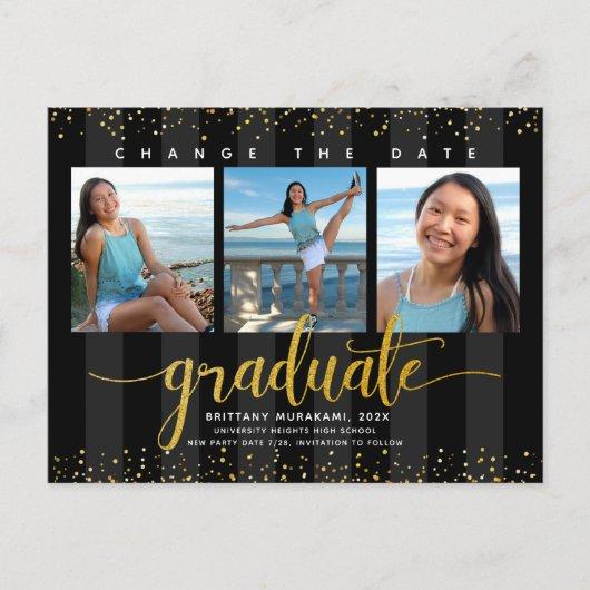 Change the date graduation photo modern black gold invitation postcard