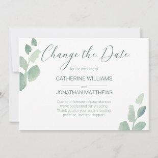 Change the Date Watercolor Greenery Script Wedding Announcement