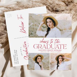 Cheers to the Grad Red 3 Photo Graduation Party Invitation Postcard