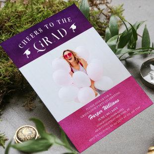 Cheers To The Grad Trendy Modern Photo Pink Purple Invitation