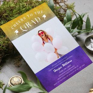 Cheers To The Grad Trendy Modern Photo Purple Gold Invitation