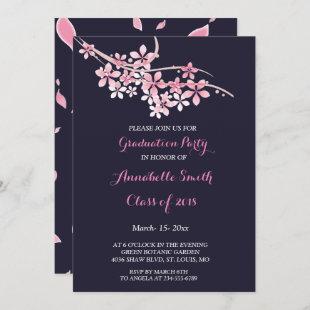 Cherry Blossom Pink navy   floral Graduation Party Invitation