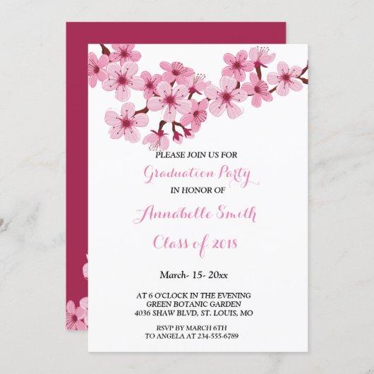 Cherry Blossom Pink White floral Graduation Party Invitation