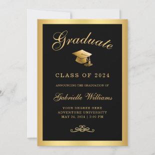 Chic Black Gold Frame Script Graduation Announcement
