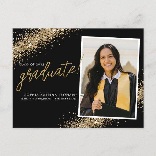 Chic Black Graduate Gold Glitter Photo Graduation Announcement Postcard