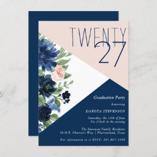 Chic Blooms | Colorblock Blush Pink and Navy Blue Invitation