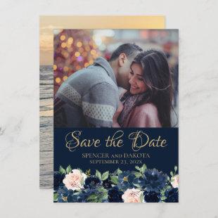 Chic Blooms | Dark Navy Blue and Blush 2 Photo Save The Date