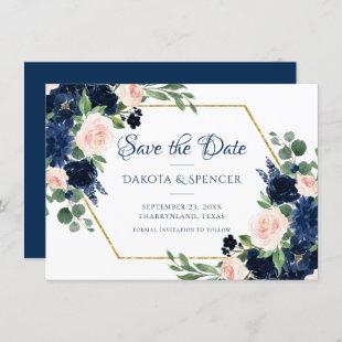 Chic Blooms | Navy Blue and Blush Pink Floral Save The Date
