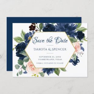 Chic Blooms | Navy Blue and Blush Pink Gold Frame Save The Date