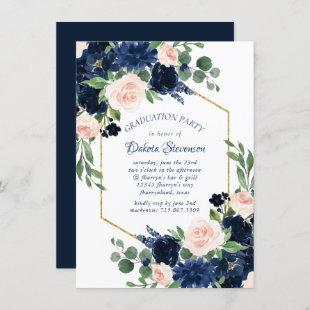 Chic Blooms | Navy Blue and Blush Pink Graduation Invitation