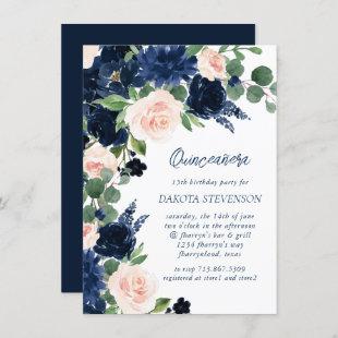 Chic Blooms | Navy Blue and Blush Pink Quinceanera Invitation
