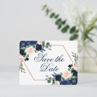 Chic Blooms | Navy Blue and Blush Save the Date Postcard