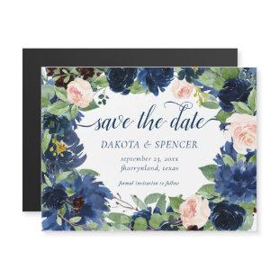 Chic Blooms | Navy Blue Blush Wreath Save the Date Magnetic Invitation