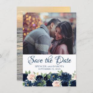 Chic Blooms | Romantic Navy Blue and Blush 2 Photo Save The Date