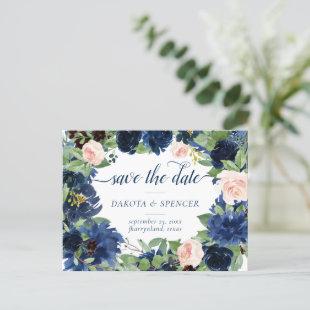 Chic Blooms | Romantic Navy Blue and Blush Wedding Announcement Postcard