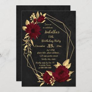 Chic burgundy and gold black birthday party invitation