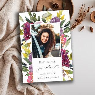 Chic Burgundy Yellow Pink Floral Photo Graduation Announcement