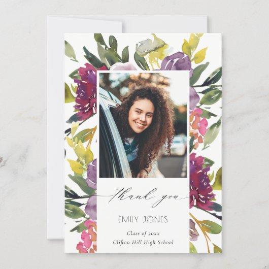 Chic Burgundy Yellow Pink Floral Photo Graduation Thank You Card